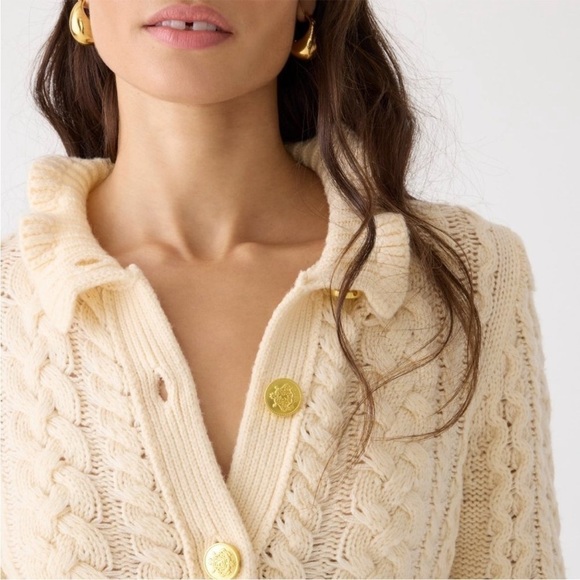 J.Crew Ruffleneck Cable Cardigan Sweater XXL White Cream BV351 Gold Buttons NWT - Picture 3 of 13